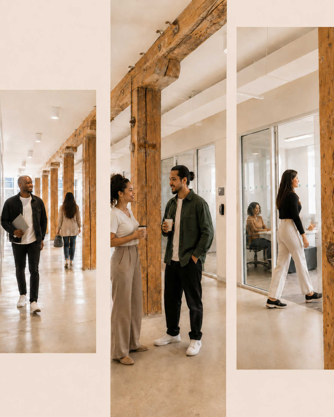 People moving through a bright workspace with wood columns and glass offices