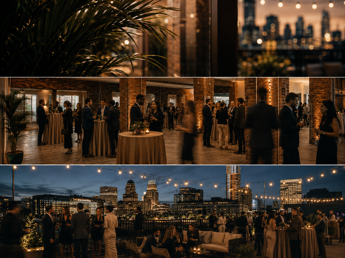 Private event at Brick 142 with guests gathering indoors and on a rooftop